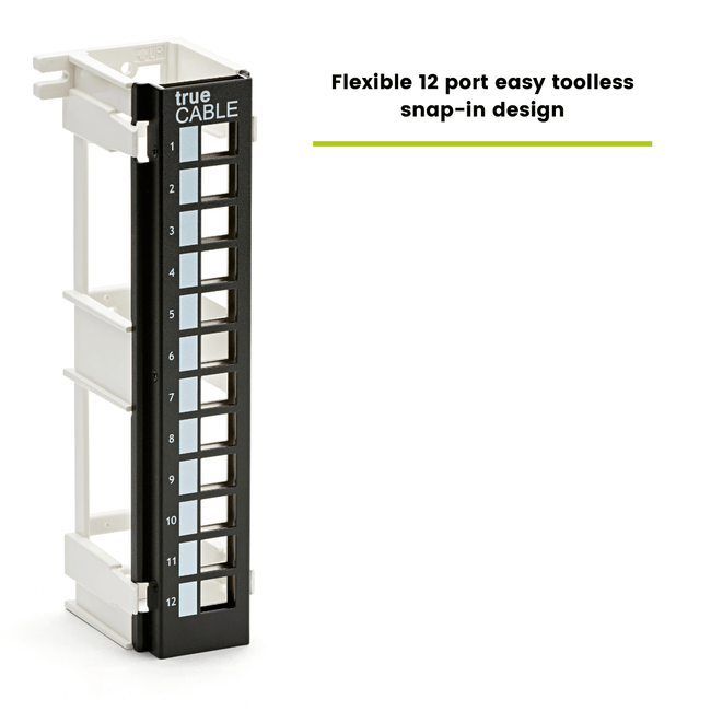 trueCABLE 12-port wall mount patch panel with flexible tool-less snap-in design for quick and convenient installation.
