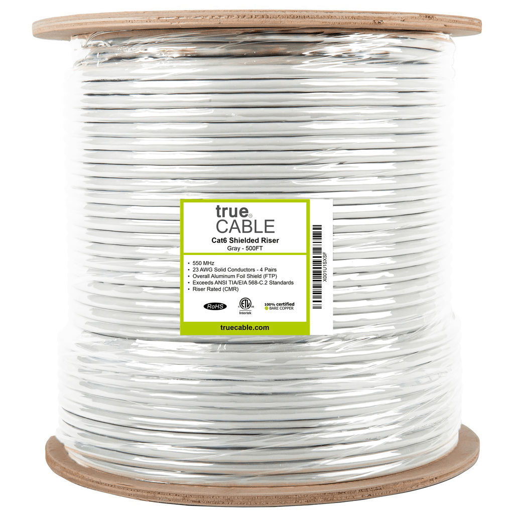 Cat6 Shielded Riser Ethernet Cable Gray 500ft trueCABLE Reel Label