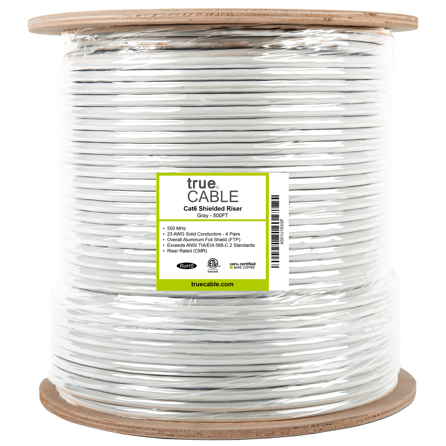 Cat6 Shielded Riser Ethernet Cable Gray 500ft trueCABLE Reel Label
