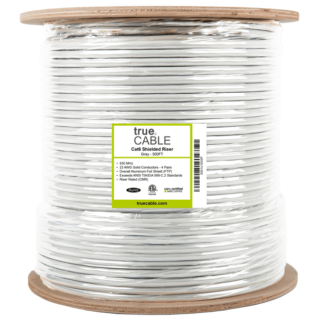 Cat6 Shielded Riser Ethernet Cable Gray 500ft trueCABLE Reel Label