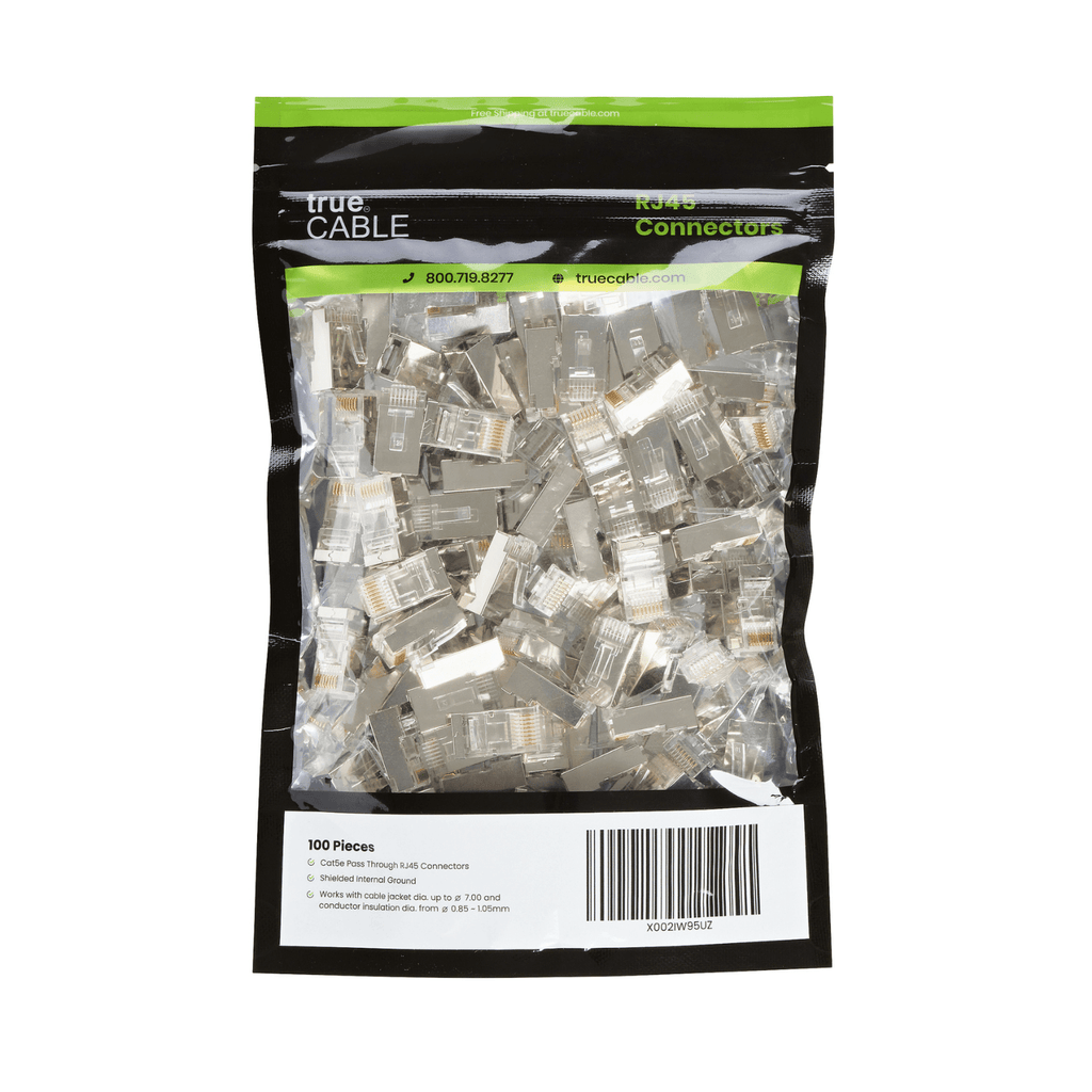 Cat5e Pass Through RJ45 Connectors | Shielded | 100pc | Packaging