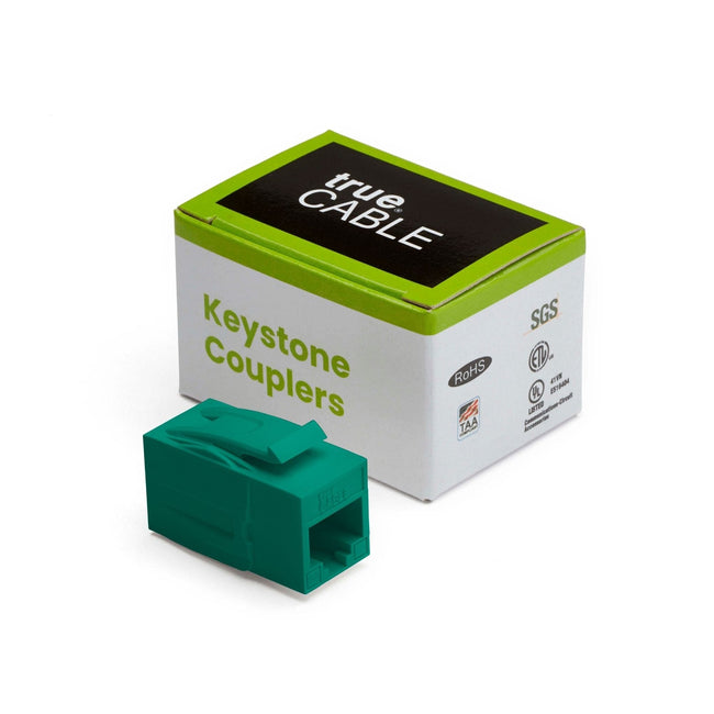Cat6A Keystone Jack Couplers | Unshielded | 2 Piece | Green | closed box