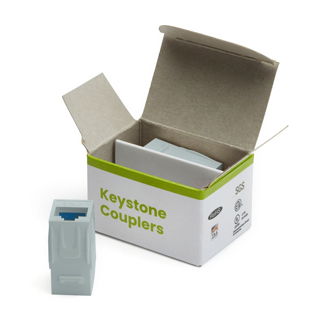 vCat6A Keystone Jack Couplers | Unshielded | 2 Piece | Gray | open box