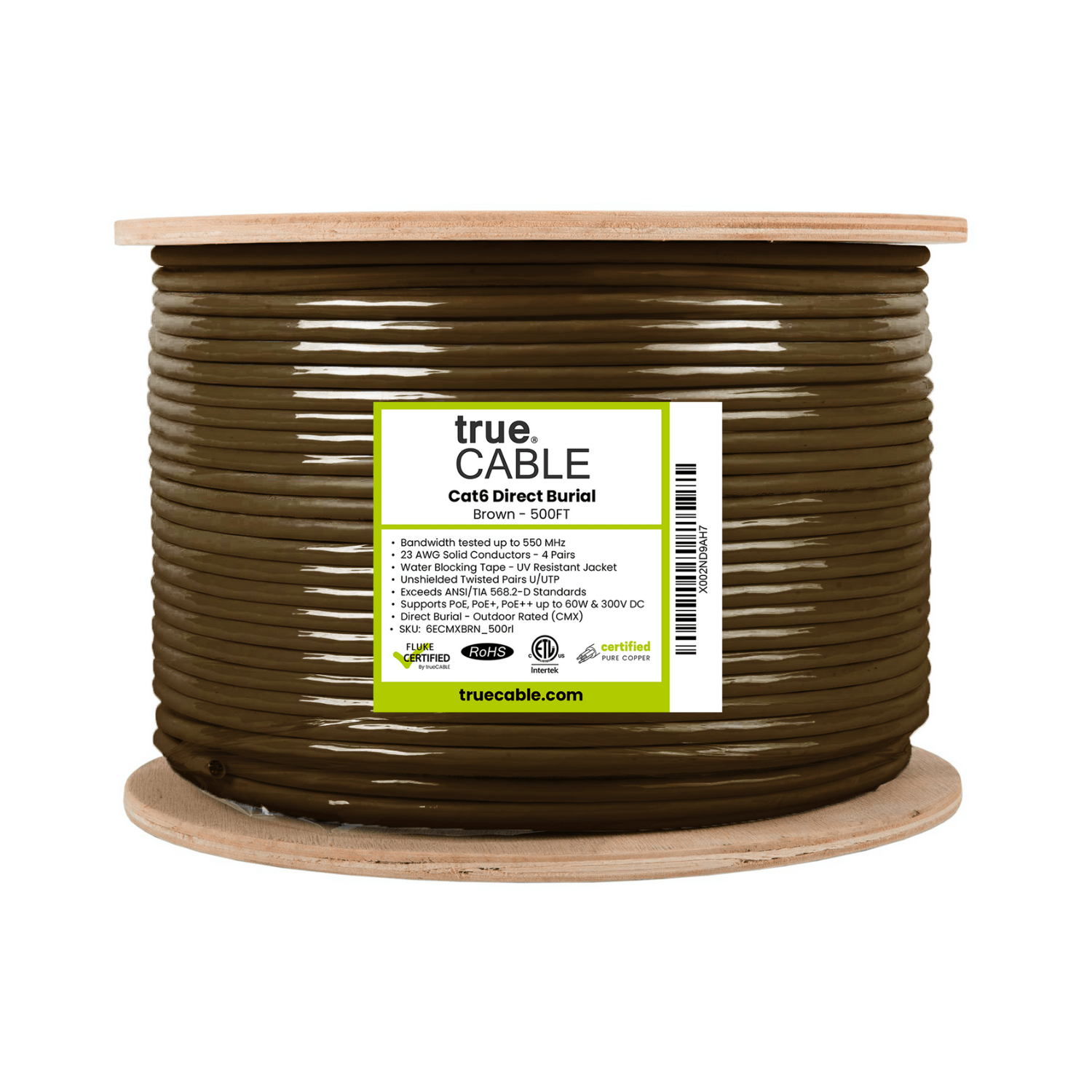 trueCABLE Cat6 Direct Burial, 500ft, Waterproof, Outdoor Rated CMX, Brown, 23AWG Solid Bare Copper, 550Mhz, PoE++ (4PPoE), ETL Listed, Unshielded