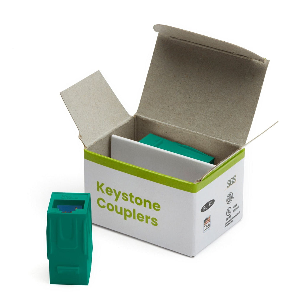 Cat6A Keystone Jack Couplers | Unshielded | 2 Piece | Green | open box