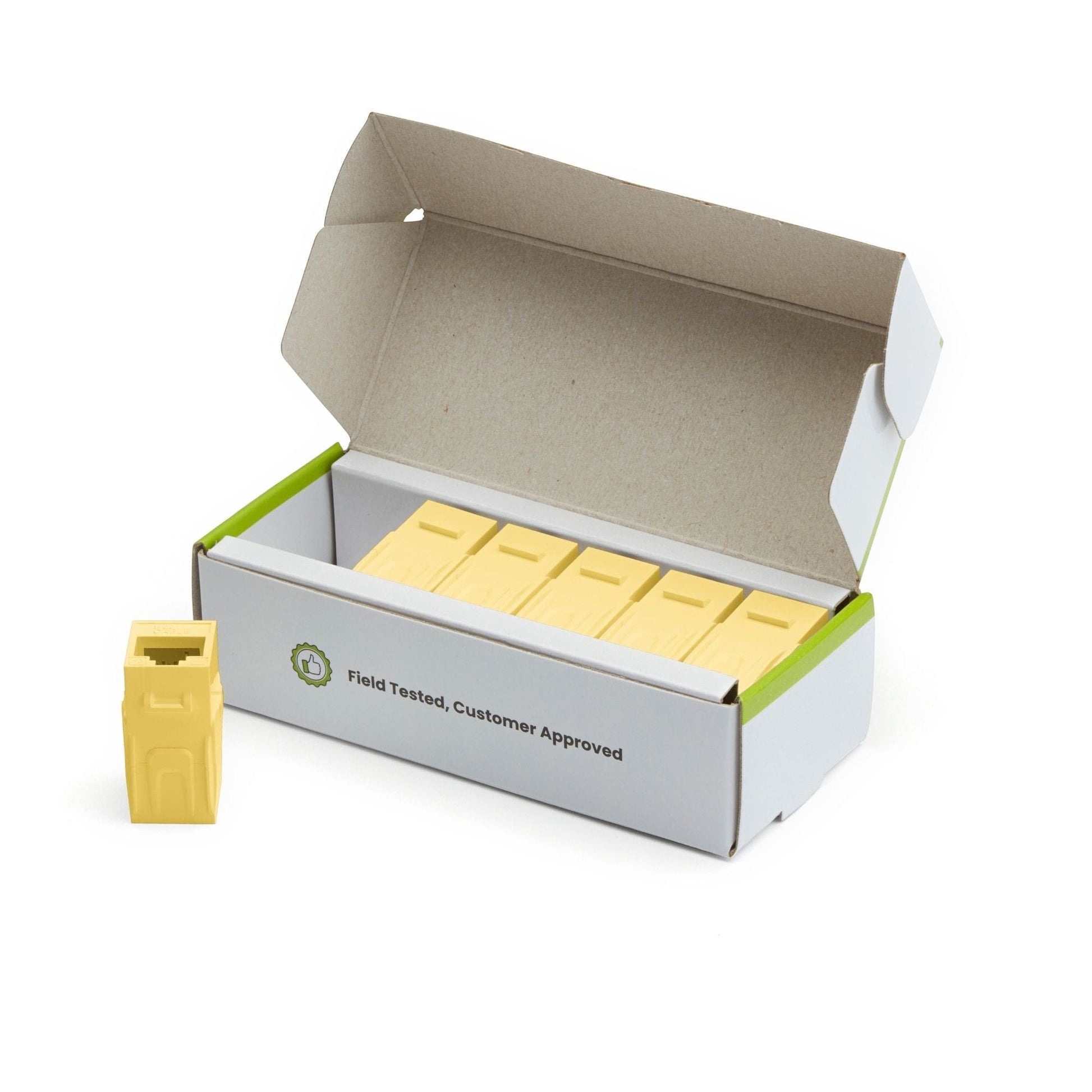 Cat6A Keystone Jack Couplers | Unshielded | 6 Piece | Yellow | open box