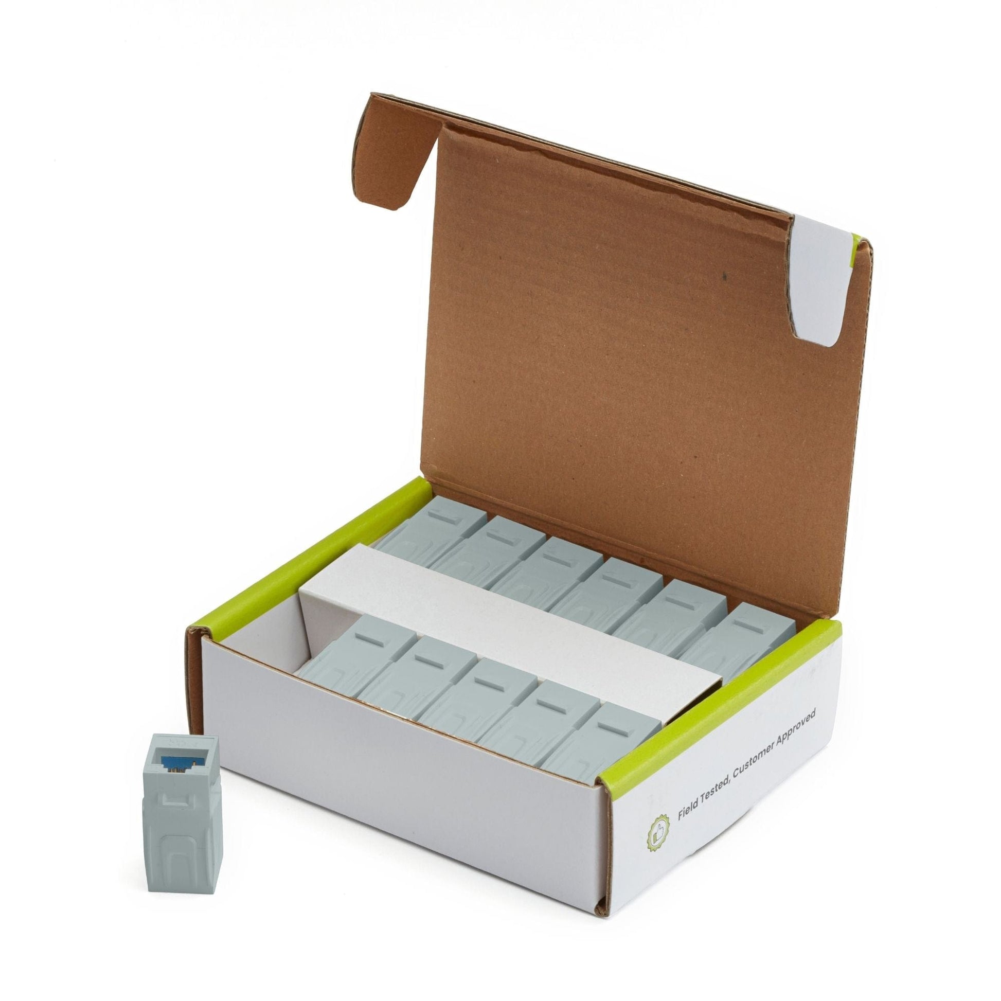 Cat6A Keystone Jack Couplers | Unshielded | 12 Piece | Gray | open box