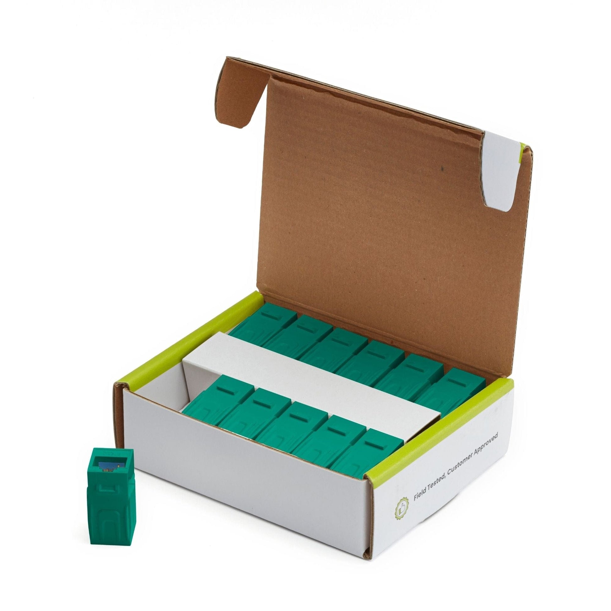 Cat6A Keystone Jack Couplers | Unshielded | 12 Piece | Green | open box