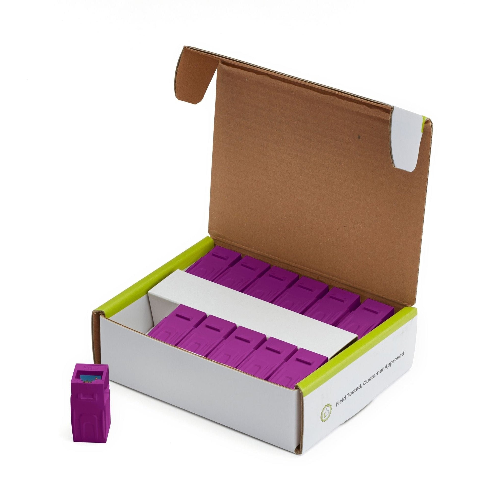 Cat6A Keystone Jack Couplers | Unshielded | 12 Piece | Purple | open box