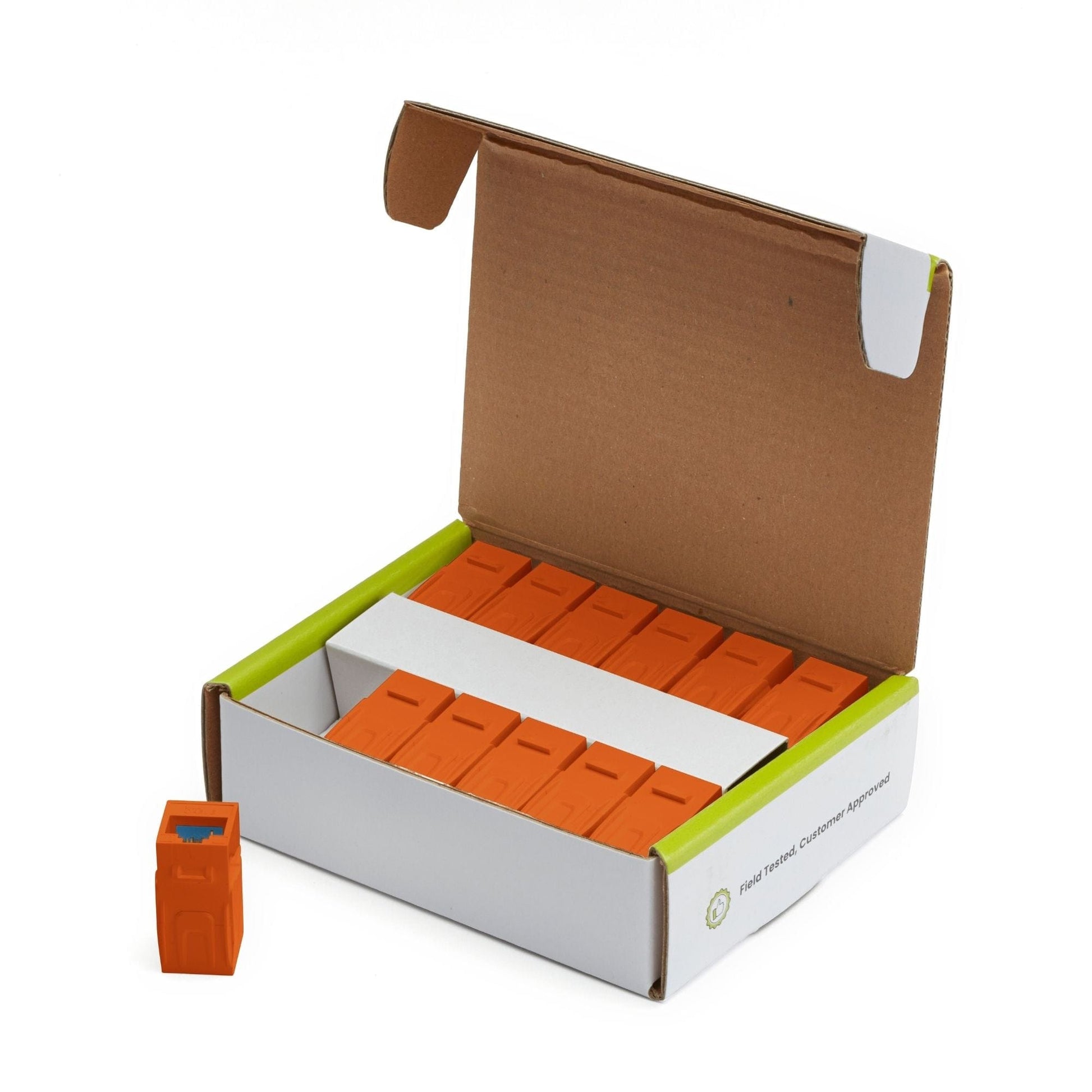 Cat6A Keystone Jack Couplers | Unshielded | 12 Piece | Orange | open box