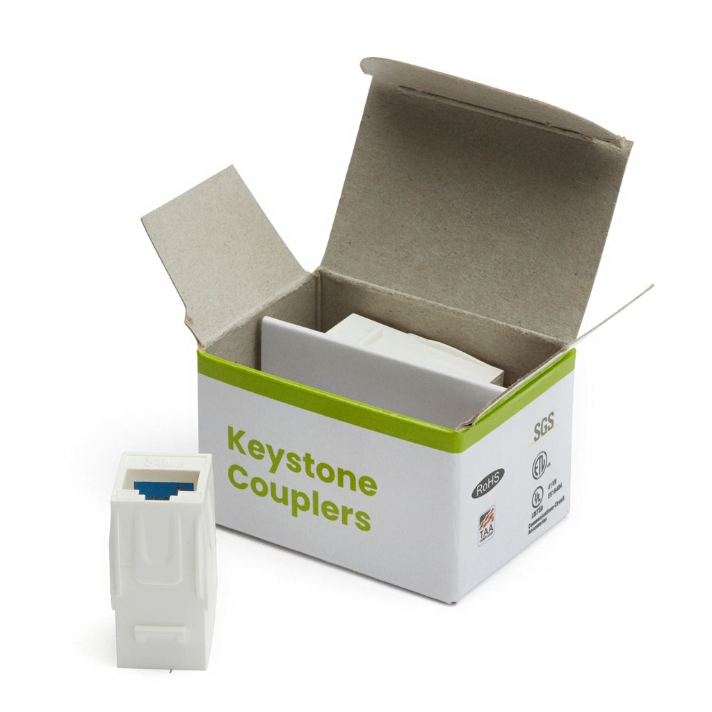 Cat6A Keystone Jack Couplers | Unshielded | 2 Piece | White | open box
