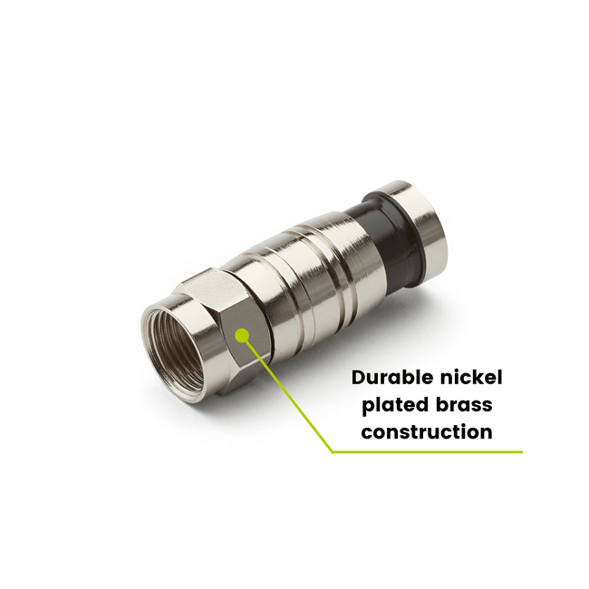 RG6 f connector, durable nickel plated brass construction, close up, 50 piece