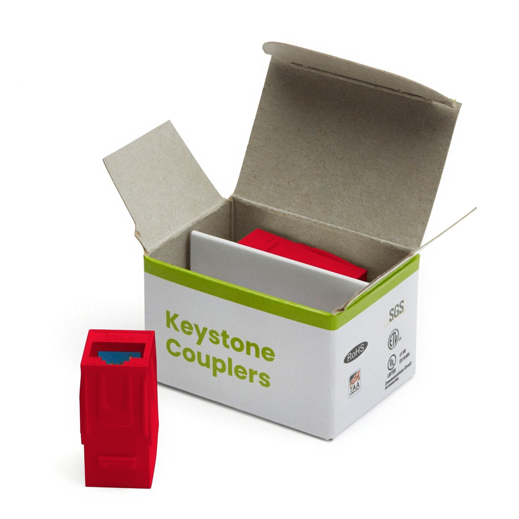 Cat6A Keystone Jack Couplers | Unshielded | 2 Piece | Red | open box