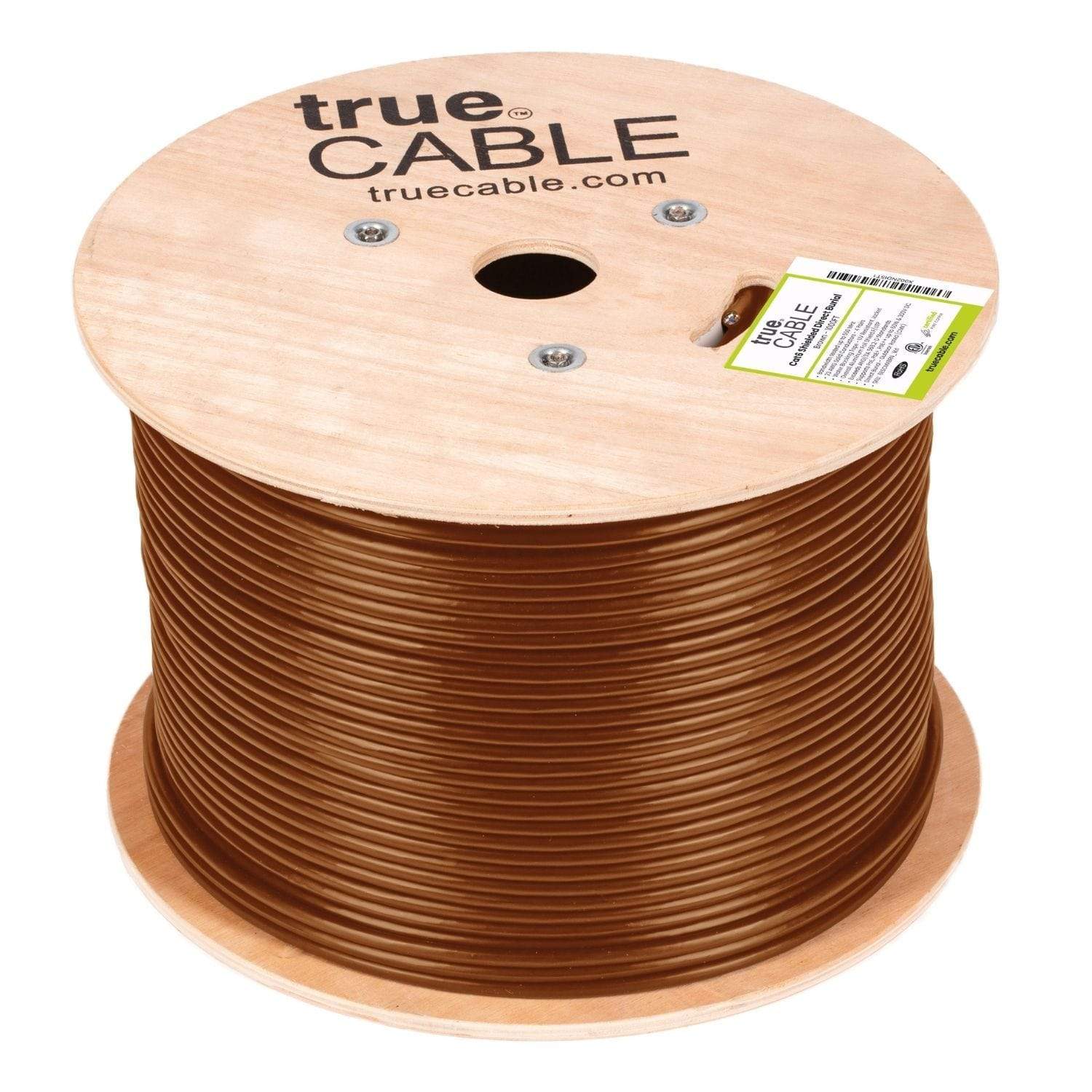 Cat6 Shielded Direct Burial Cable Brown 1000ft trueCABLE Reel Label