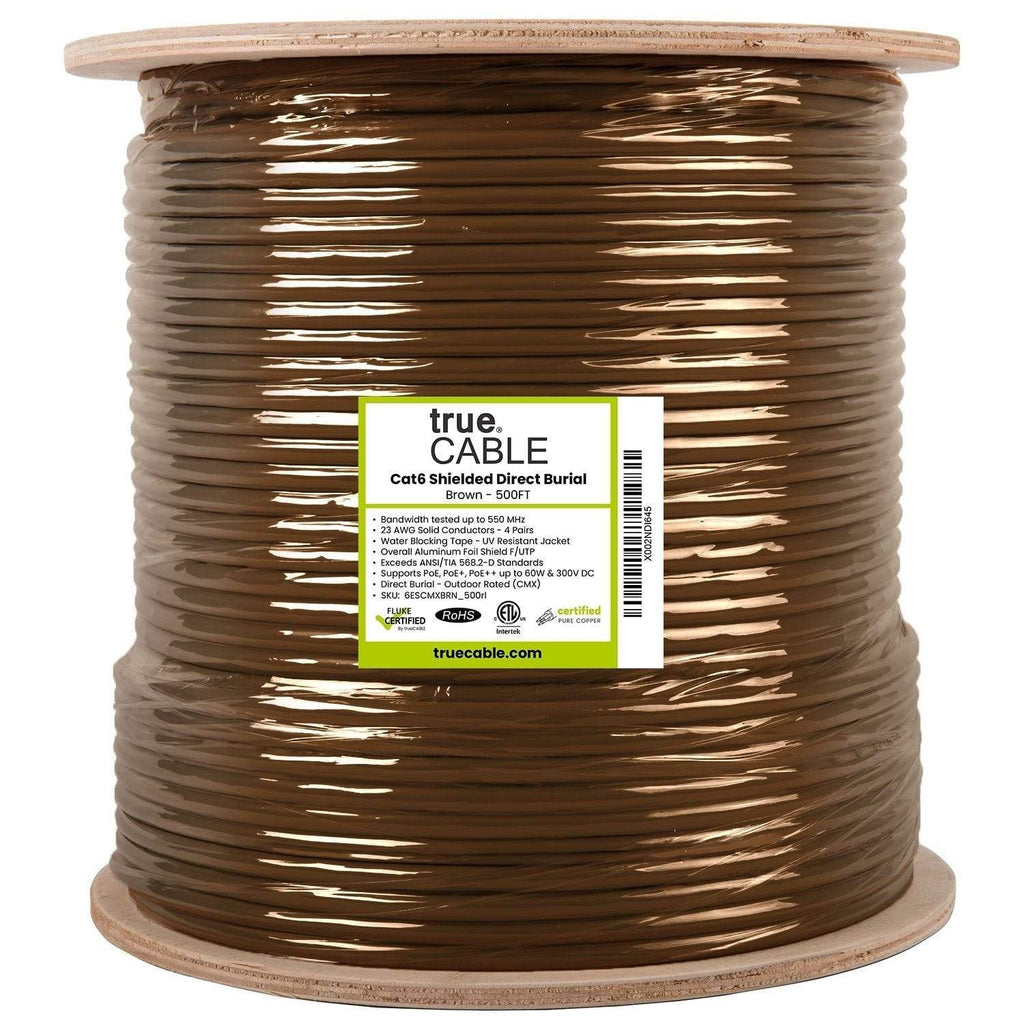 Cat6 Shielded Direct Burial Cable Brown 500ft trueCABLE Reel Label