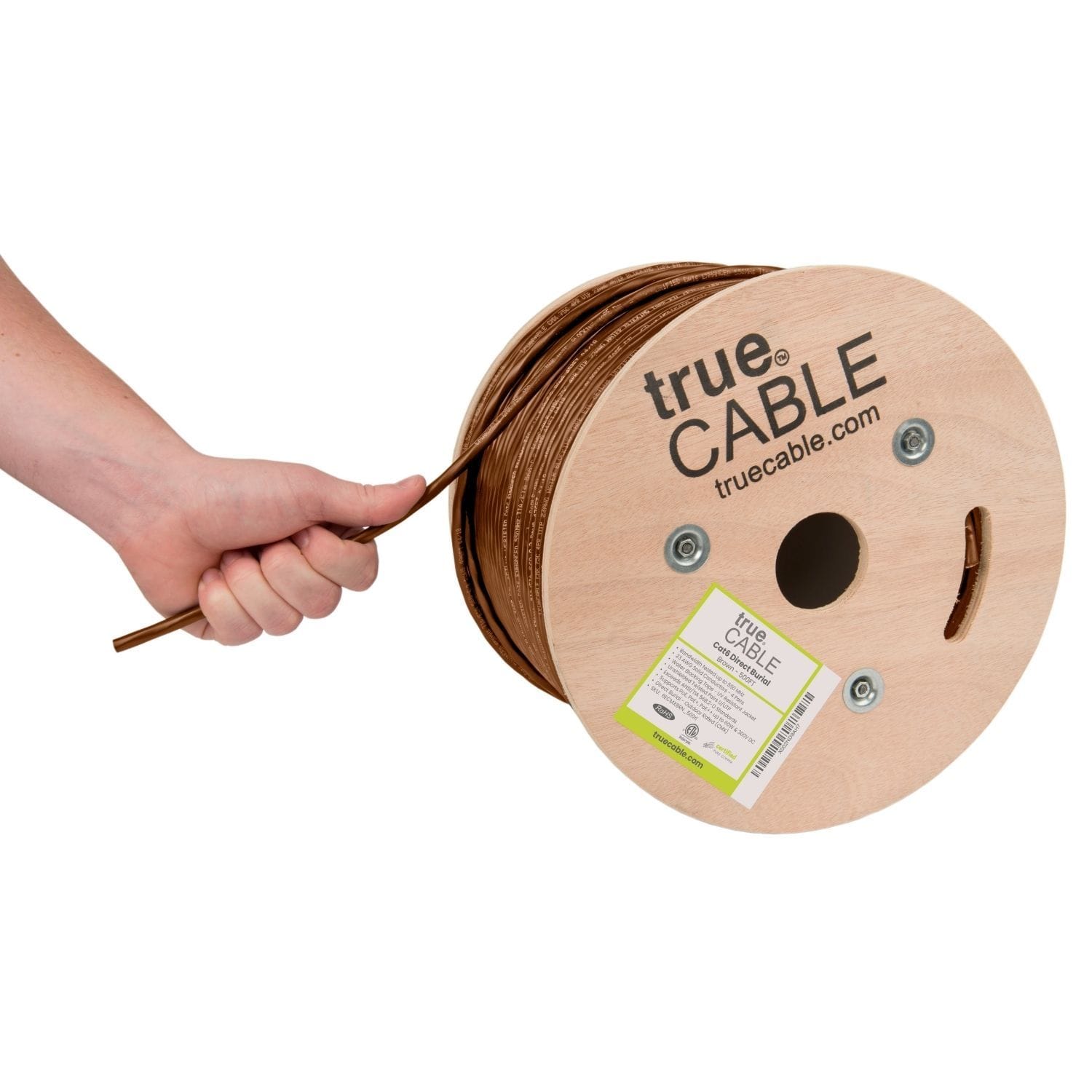 Cat6 Shielded Direct Burial Cable Brown 500ft trueCABLE Reel Label