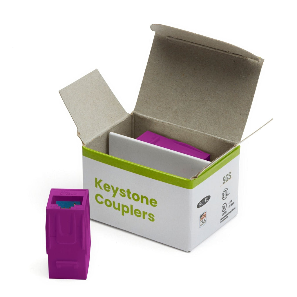 Cat6A Keystone Jack Couplers | Unshielded | 2 Piece | Purple | open box