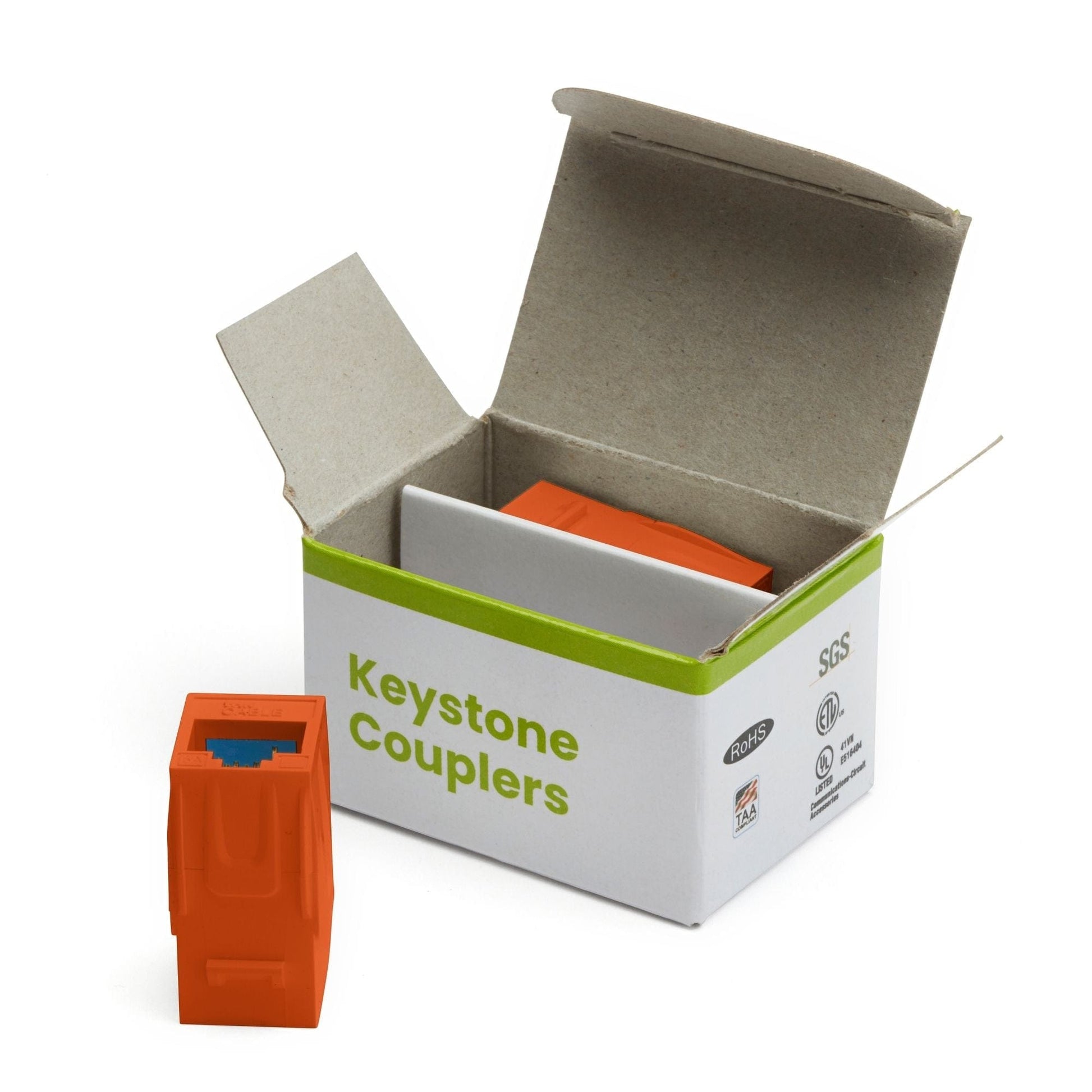 Cat6A Keystone Jack Couplers | Unshielded | 2 Piece | Orange | open box