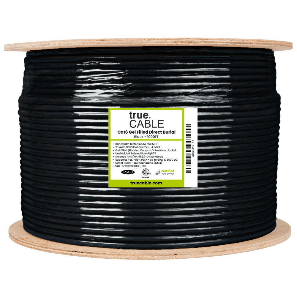 trueCABLE | Cat6 Gel Filled Direct Burial | Black | 1000ft |  Reel Label