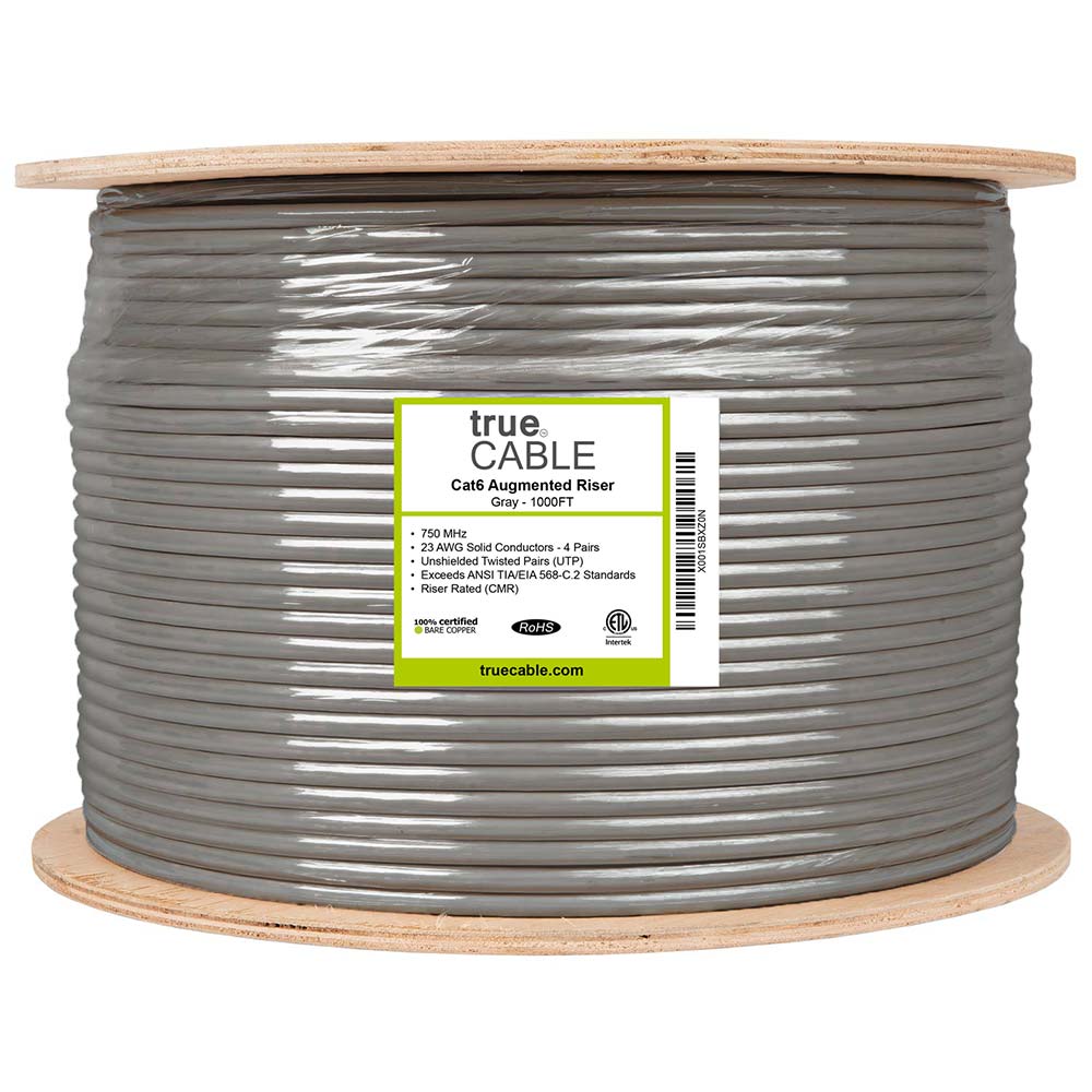 Cat6A Riser Ethernet Cable Blue 1000ft trueCABLE Reel Label