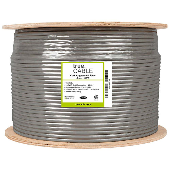 Cat6A Riser Ethernet Cable Blue 1000ft trueCABLE Reel Label
