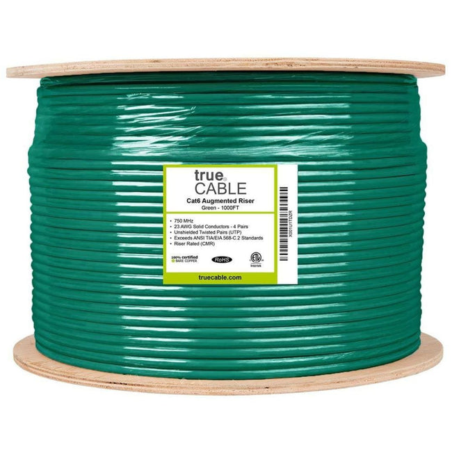 Cat6A Riser Ethernet Cable Green 1000ft trueCABLE Reel Label