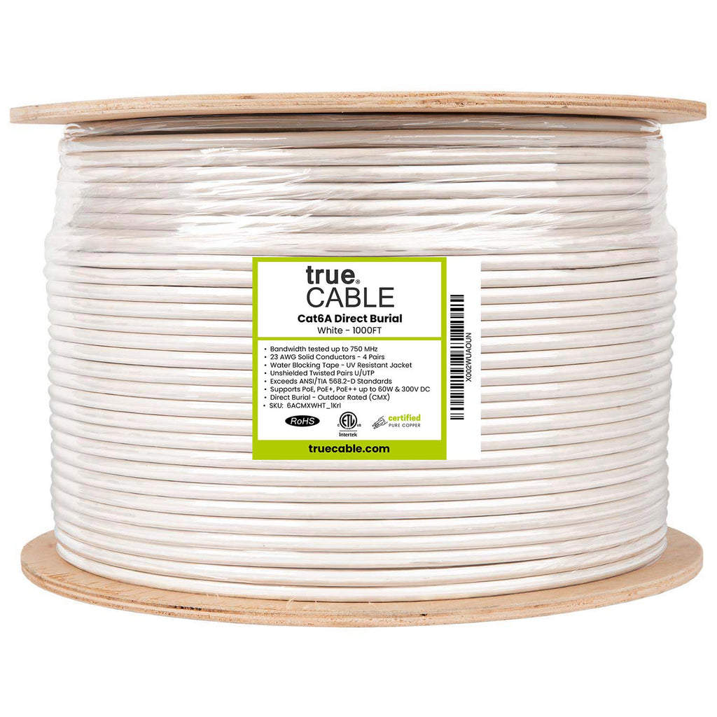Cat6A Direct Burial, Unshielded, 1000ft, white