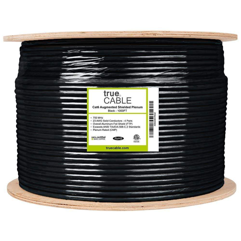 Cat6A Shielded Plenum Ethernet Cable Black 1000ft Reel Spool