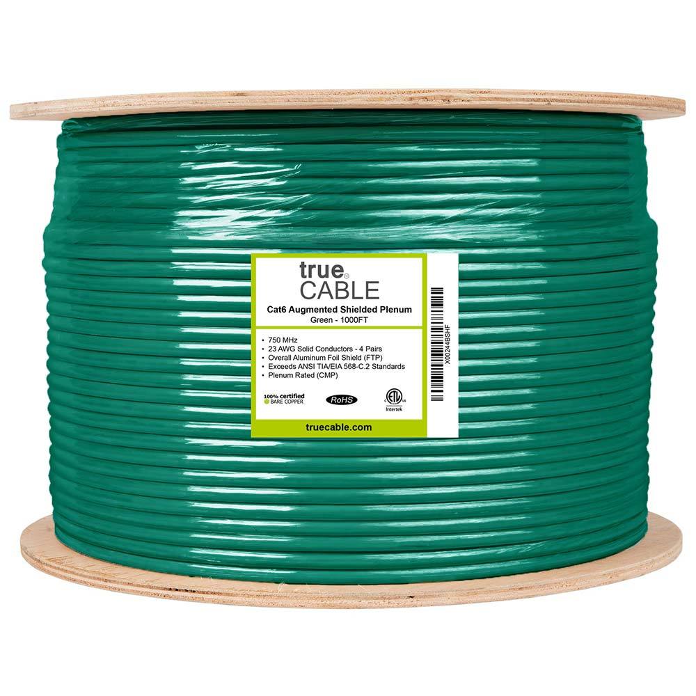 Cat6A Shielded Plenum Ethernet Cable Green 1000ft Reel Spool