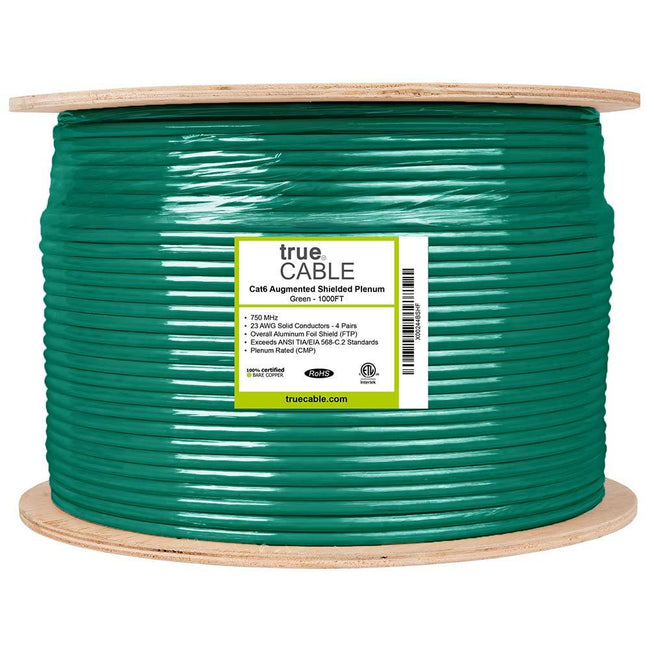 Cat6A Shielded Plenum Ethernet Cable Green 1000ft Reel Spool