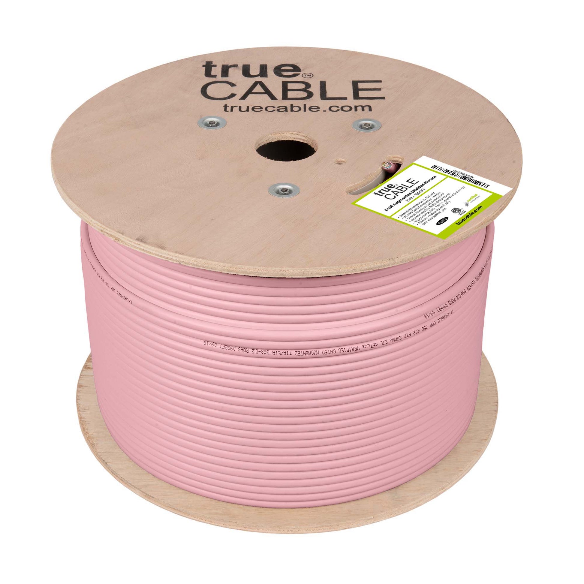 Cat6A Shielded Plenum Ethernet Cable Pink 1000ft trueCABLE Reel No Wrap