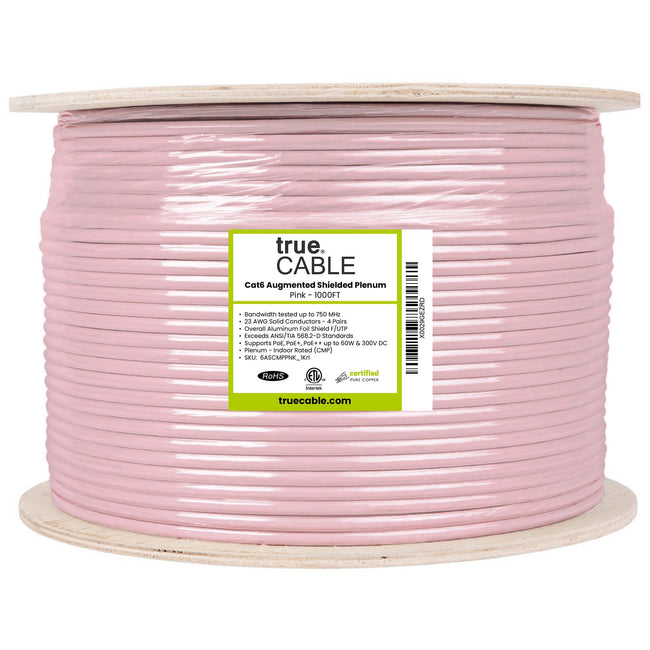 Cat6A Shielded Plenum Ethernet Cable Pink 1000ft Reel Spool