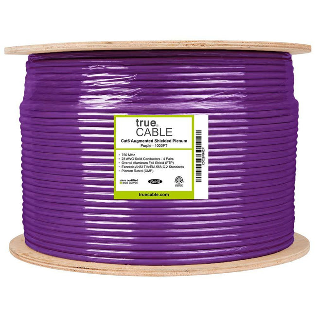 Cat6A Shielded Plenum Ethernet Cable Purple 1000ft Reel Spool