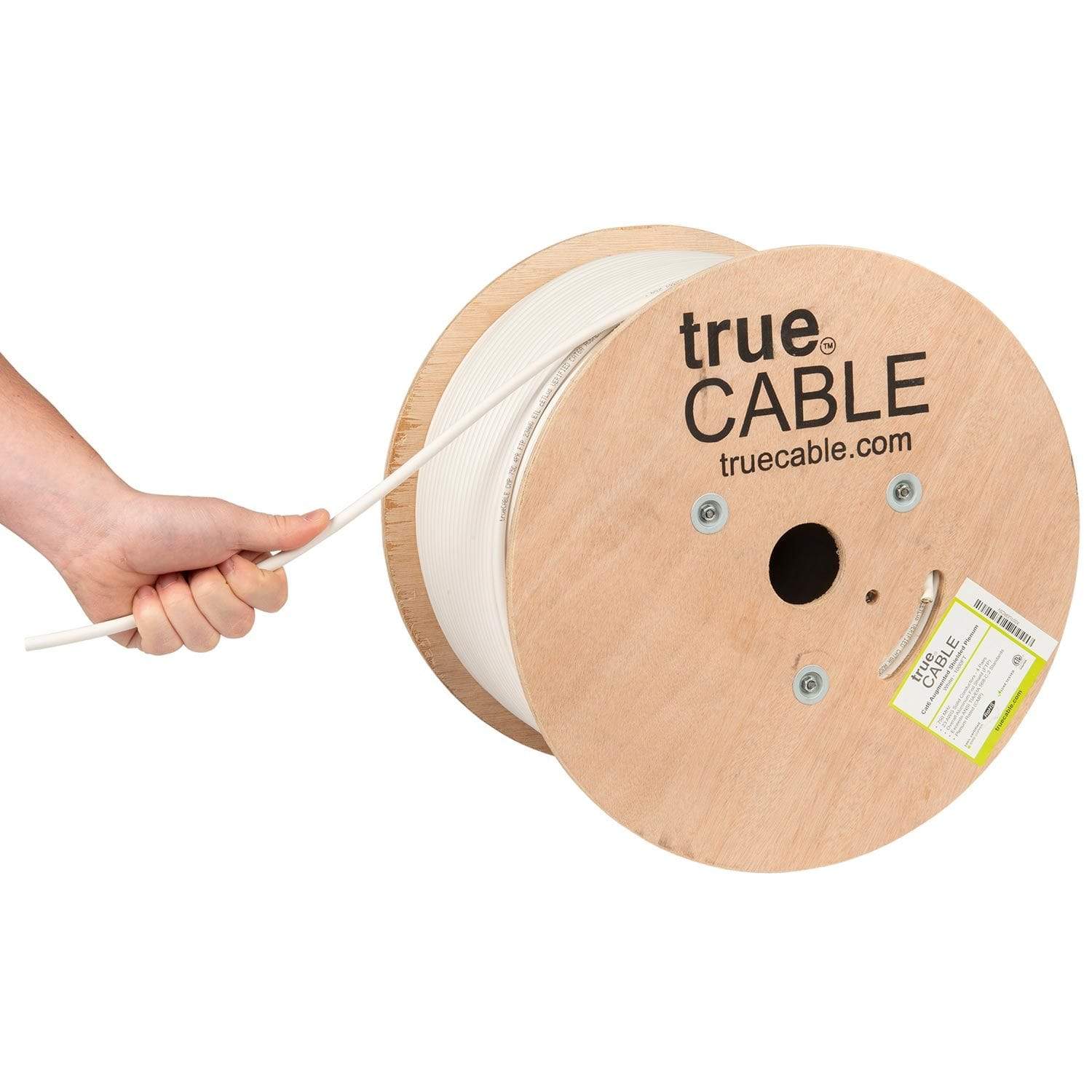 Cat6A Shielded Plenum Ethernet Cable White 1000ft trueCABLE Hand Pulling