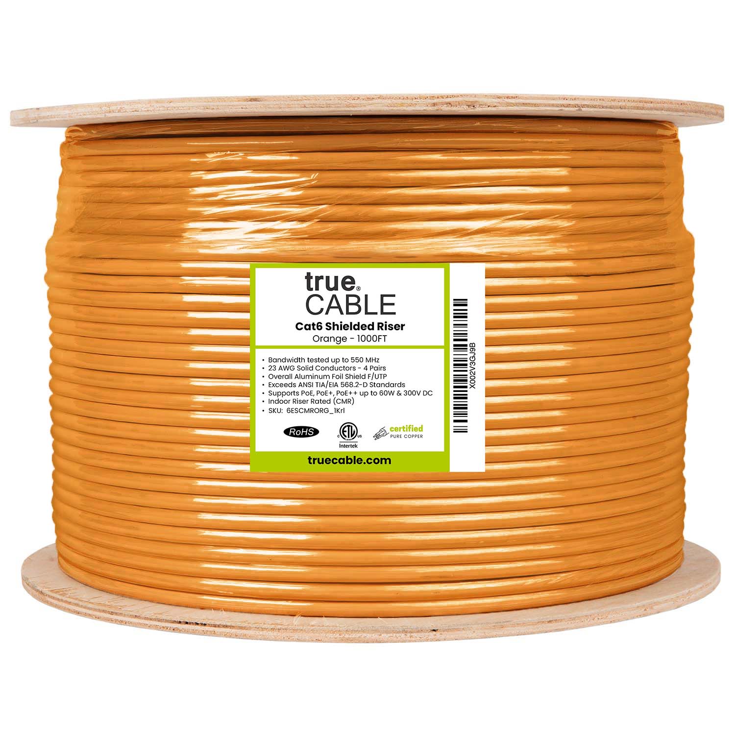 Cat6 Shielded Riser, Orange, 1000ft, Reel