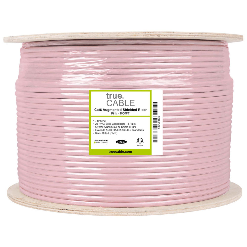 Cat6a Shielded Riser Ethernet Cable Pink 1000ft trueCABLE front of reel