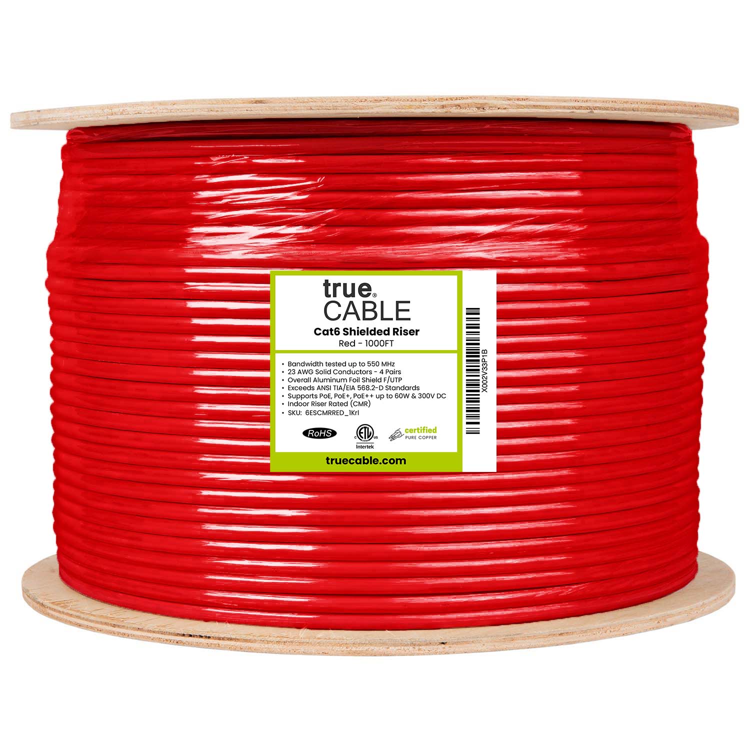 Cat6 Shielded Riser, Red, 1000ft, trueCABLE, Ethernet Cable