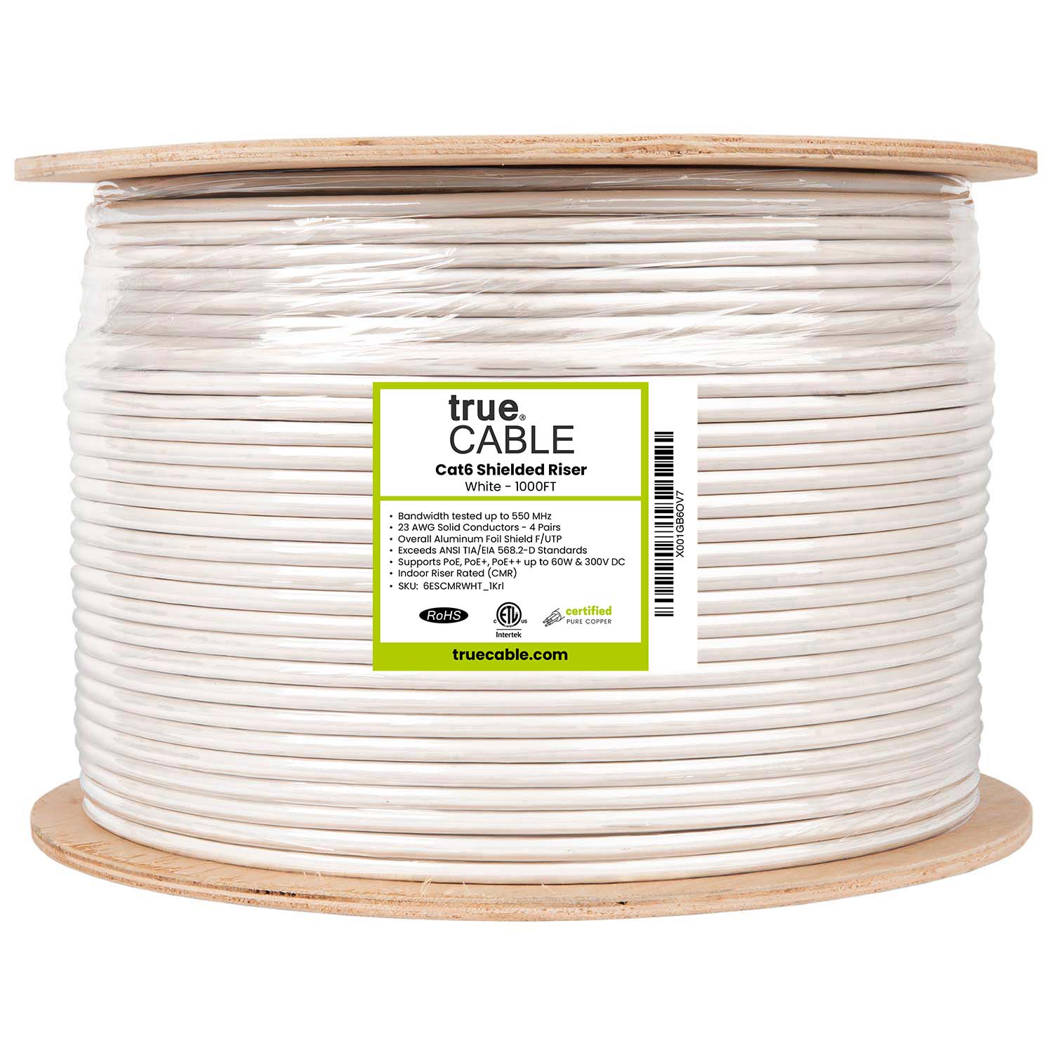 Cat6 Shielded Riser, White, 1000ft reel, trueCABLE, Ethernet Cable