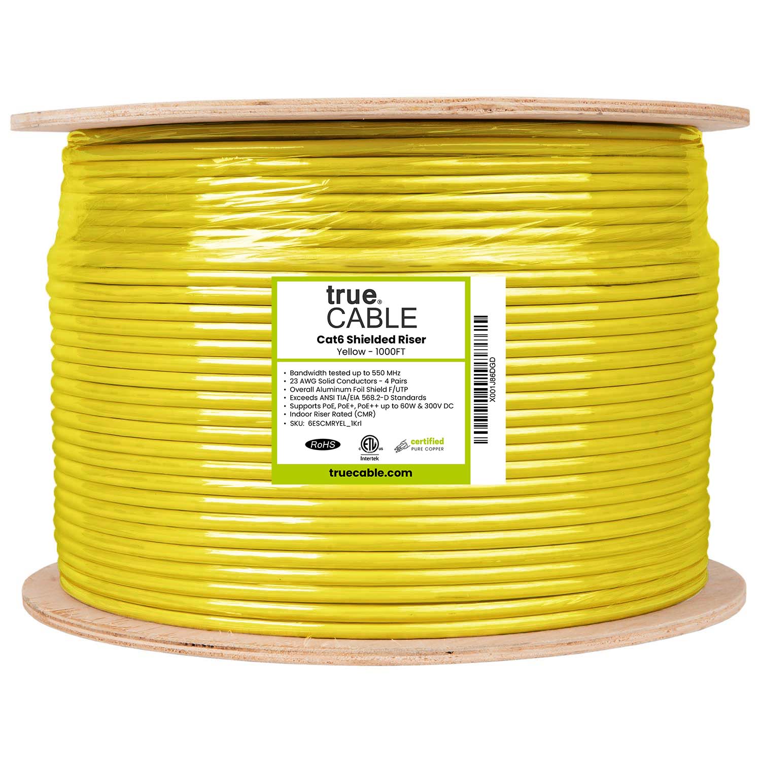 Cat6 Riser Shielded Cable, Yellow, 1000ft, Reel