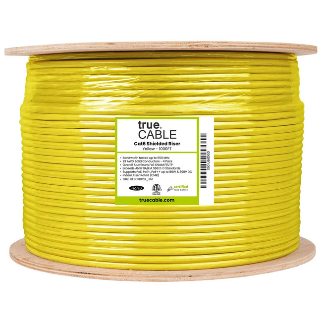 Cat6 Riser Shielded Cable, Yellow, 1000ft, Reel