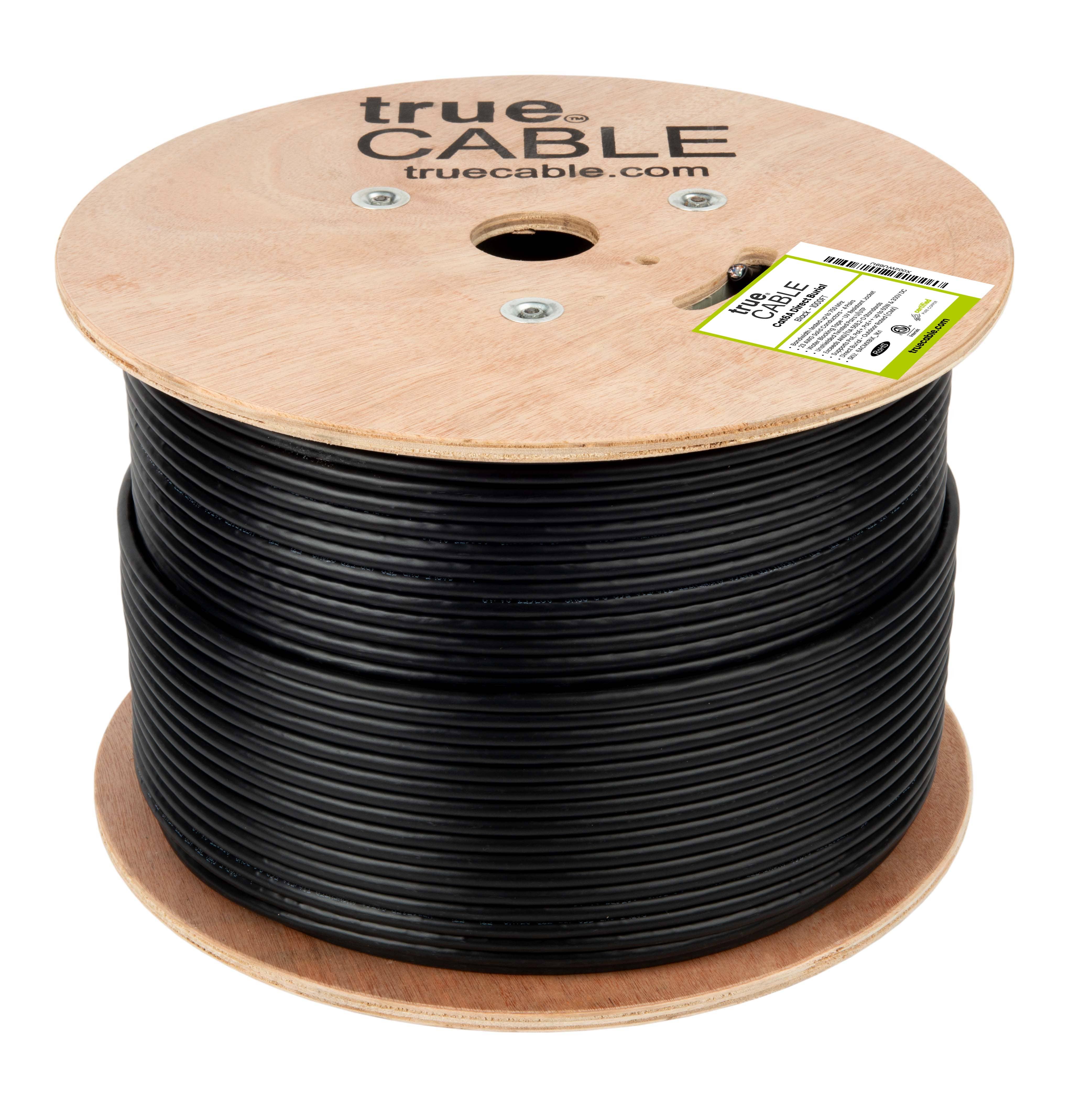 trueCABLE Cat6a Direct Burial, 1000ft, Waterproof, Outdoor Rated CMX, Black, 23AWG Solid Bare Copper, 750MHz, PoE++ (4PPoE), ETL Listed, Unshielded