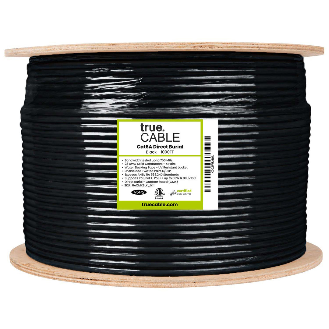 Cat6A Direct Burial, Unshielded, Black, 1000ft