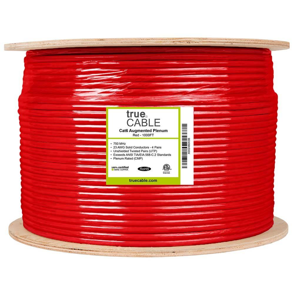 Cat6A Plenum Ethernet Cable Red 1000ft trueCABLE Reel Label