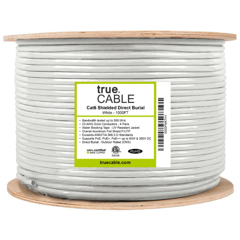 Cat6 Shielded Direct Burial Cable White 1000ft trueCABLE Reel Label