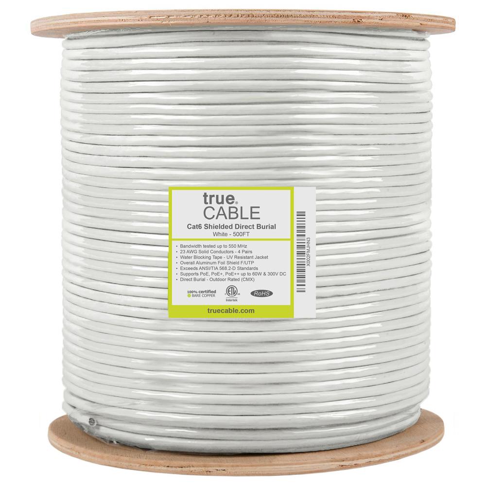 Cat6 Shielded Direct Burial Cable White 500ft trueCABLE Reel Label