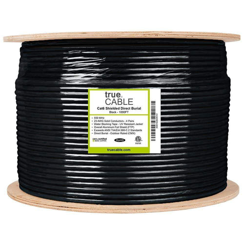 Cat6 Shielded Direct Burial Cable Black 1000ft trueCABLE Reel Label