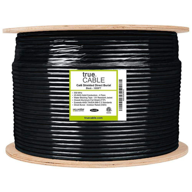 trueCABLE Cat6 Outdoor Shielded FTP 1000ft Waterproof Direct Burial Rated CMX Black 23AWG Solid Bare Copper 550mhz ETL Listed Bulk Ethernet Cable
