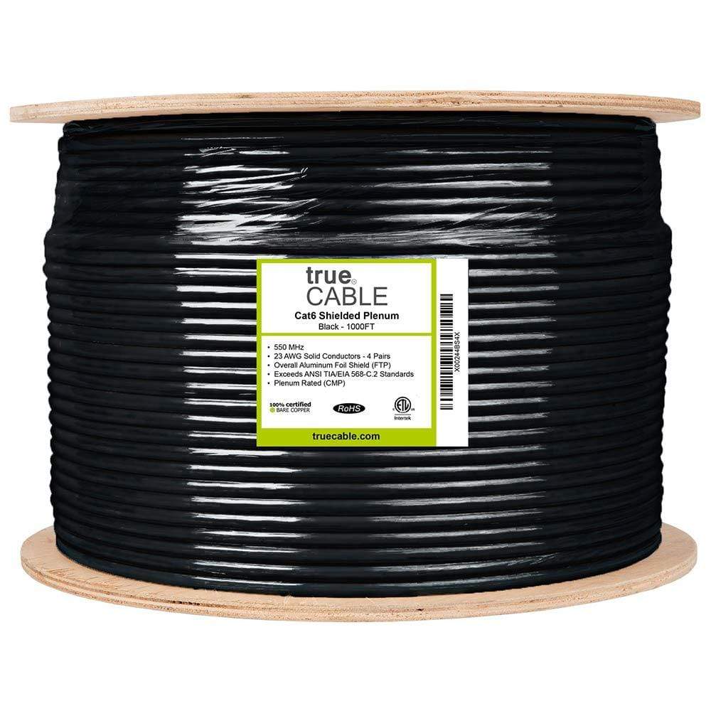 Cat6 Shielded Plenum Ethernet Cable Black 1000ft trueCABLE Reel Label