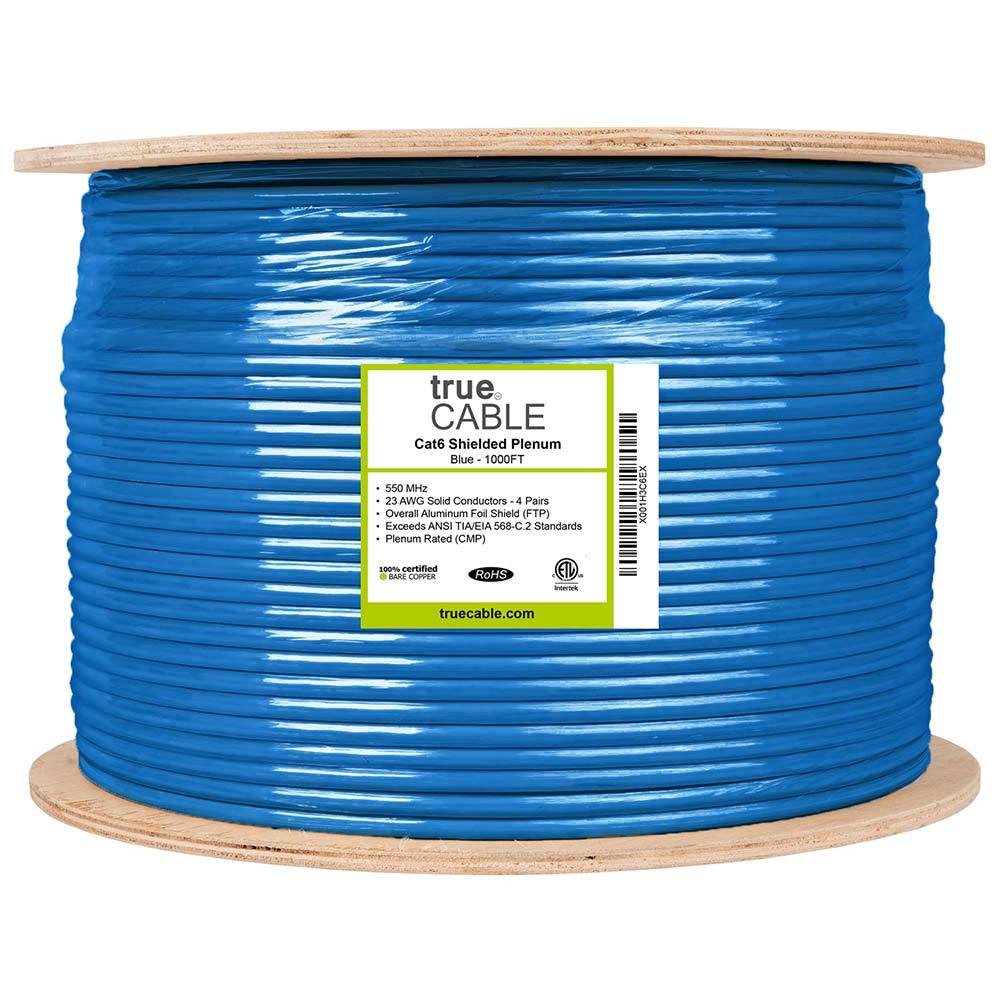 Cat6 Shielded Plenum Ethernet Cable Blue 1000ft trueCABLE Reel Label