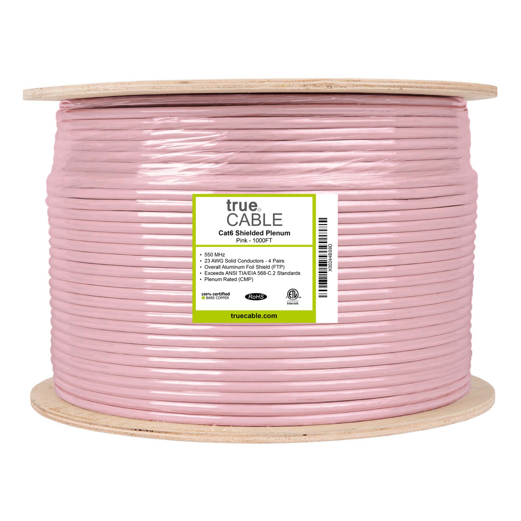 Cat6 Shielded Plenum Ethernet Cable Pink 1000ft trueCABLE Reel Label